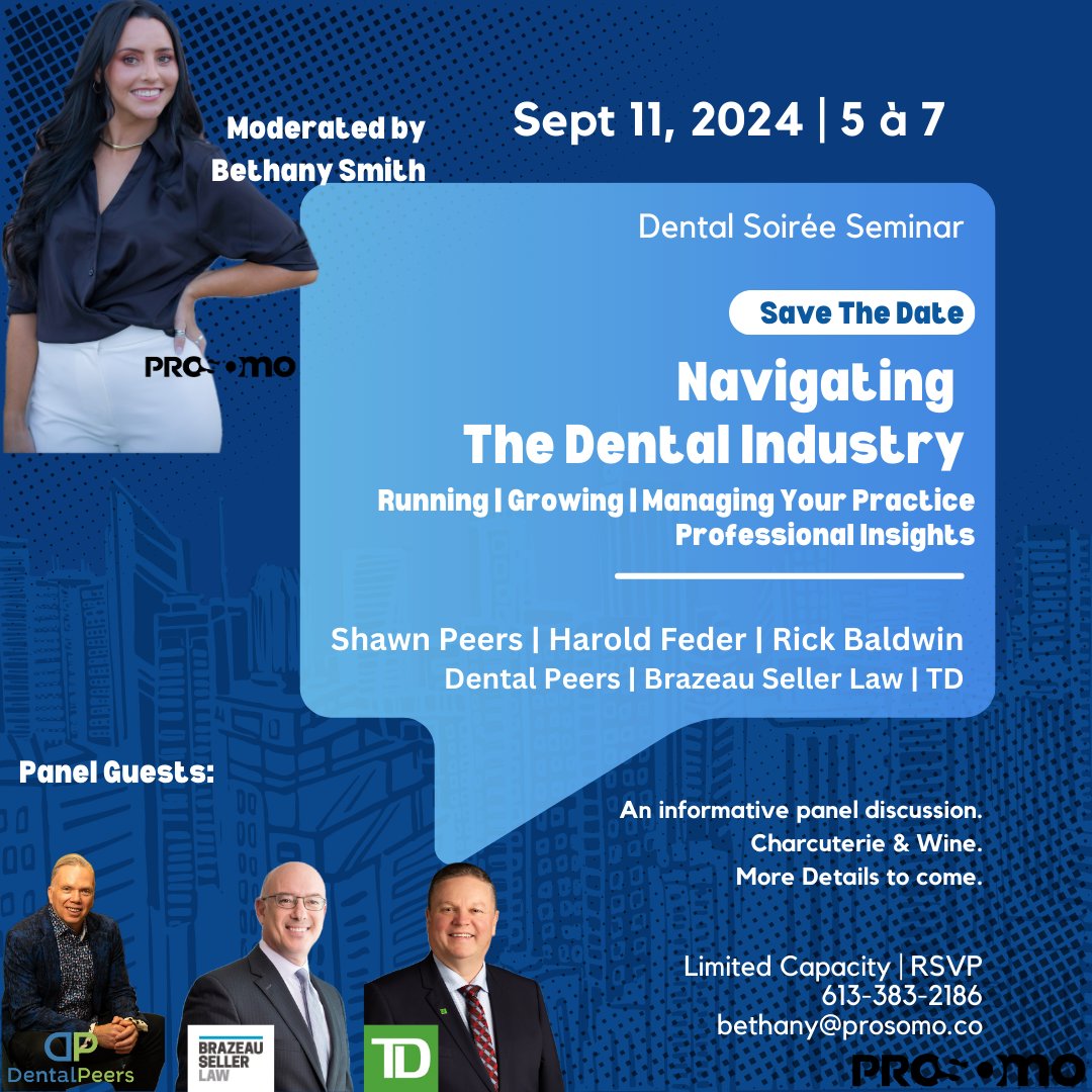 Save the Date for September 11 from 5-7pm for "Navigating the Dental Industry"!   

<a href="/HaroldFeder/">Harold Feder</a> will join Shawn Peers, Rick Baldwin &amp; Bethany Smith for this informative panel discussion providing professional insights for your dental practice.   

RSVP to bethany@prosomo.com