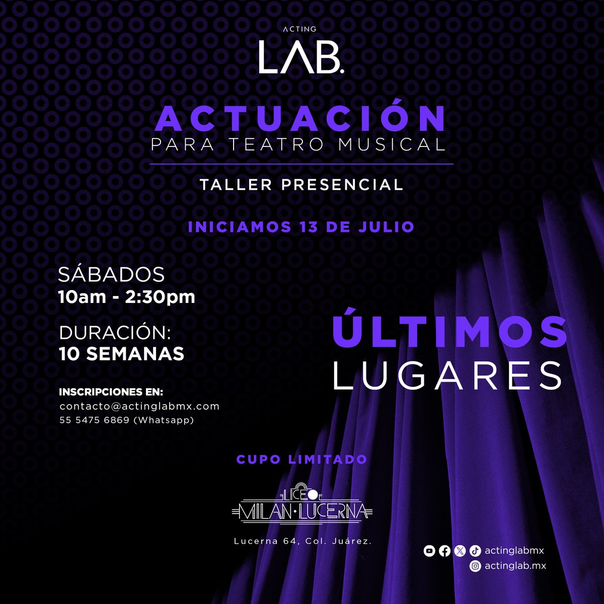 Quedan POCOS LUGARES para el laboratorio de actuación para teatro musical de <a href="/actinglabmx/">Acting LAB</a> 🎭 ¡Arranca este sábado!

Toda la información aquí: teatromilan.com/talleres