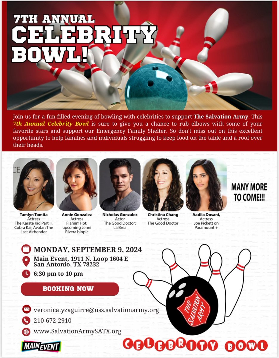 BradMayhar's tweet photo. Half of the lanes are already sold out for the 7th annual Celebrity Bowl on Sept. 9, benefiting @salarmysatx Emergency Family Shelter.  More bowlers will be announced soon.  Get your lane today before it’s too late.  210-672-2910 or https://t.co/4t5PuyXEim. https://t.co/rFG5r6AYxr