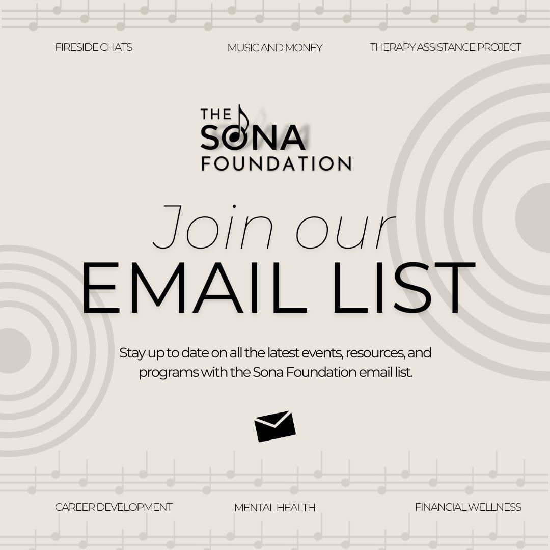 When you sign for our email list, you'll receive monthly news about our latest programs like our virtual Fireside Chats with Backline, our new Therapy Assistance Project, Career Corner, Music and Money panel discussions and more!

Sign up now at --> found.ee/SONAFoundation…