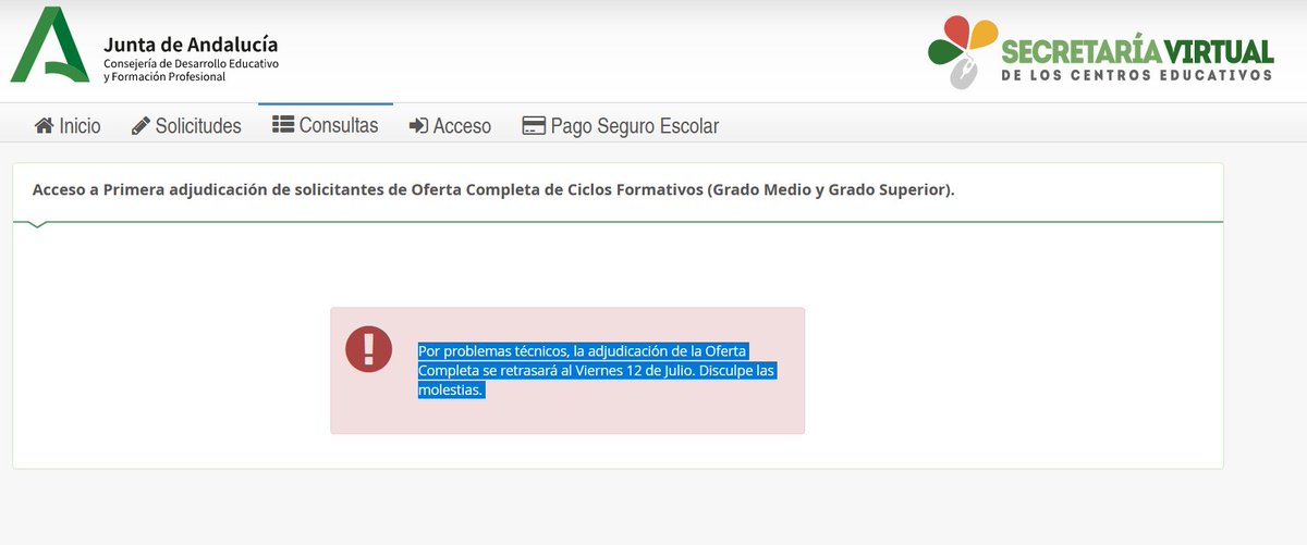 FPAndaluza's tweet image. 🔴#FPA Acceso a Primera adjudicación de solicitantes de Oferta Completa de Ciclos Formativos (Grado Medio y Grado Superior). @Educaand
📝Por problemas técnicos, la adjudicación de la Oferta Completa se retrasará al Viernes 12 de Julio.