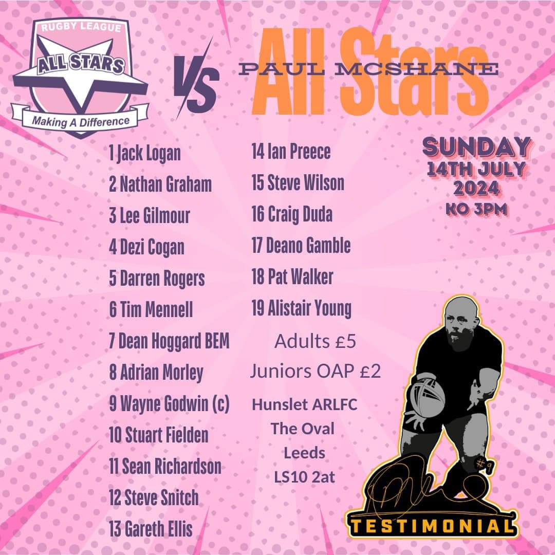 Six_Again (@six_again) on Twitter photo <a href="/StanningleyLadi/">Stanningley Ladies</a> <a href="/OultonRaidettes/">OultonRaidettes</a> <a href="/OfficialBullsRL/">Bradford Bulls</a> <a href="/SalfordDevils/">Salford Red Devils ๐น</a> <a href="/FrystonLadies/">Fryston Ladies</a> <a href="/WTLRL/">Wakefield Trinity Ladies RL</a> <a href="/hullfcofficial/">Hull FC</a> <a href="/Swinton_Lions/">Swinton Lions RLFC</a> <a href="/IllyGirlsRugby/">Illingworth Girls RL</a> <a href="/ThattoHeath_LRL/">Thatto Heath Ladies</a> <a href="/leighminersrl/">Leigh Miners Rangers RL</a> <a href="/WidnesRL/">Widnes Vikings</a> <a href="/Pantherswomenrl/">Halifax Panthers Womenโs Team</a> <a href="/WorkingtonTown/">Workington Town</a> <a href="/orrell_womenRL/">Orrell st James women</a> <a href="/BarrowandDis_RL/">Barrow and District RL</a> <a href="/SheffieldEagles/">Sheffield Eagles</a> <a href="/StJudesOfficial/">Wigan St Judes ARLFC</a> <a href="/WheelchairRL/">Wheelchair RL</a> <a href="/SuperLeague/">Betfred Super League</a> <a href="/RugbyLeeds/">Leeds Rhinos Foundation</a> <a href="/London_Roosters/">London Roosters WhRL</a> <a href="/hxwhrl/">Halifax Panthers WhRL ๐พ</a> <a href="/WWRLFoundation/">Warrington Wolves Community Foundation</a> <a href="/NWCWhRLandDSC/">NWCrusadersWheelchairRL&DisabilitySportsClub</a> <a href="/HornetsSpF/">Hornets Foundation</a> <a href="/WTComFoundation/">Wakefield Trinity Community Foundation</a> <a href="/Eagles_Found/">Eagles Foundation</a> <a href="/yorkrlfcfound/">York RLFC Foundation</a> <a href="/eissheff/">EIS Sheffield</a> <a href="/edingiants/">Edinburgh Giants Wheelchair RLFC</a> @dynamitegsss <a href="/PleasanceGym/">Pleasance Sports Complex & Gym</a> <a href="/WalesRugbyL/">Wales Rugby League</a> <a href="/TorfaenTigersRL/">Torfaen Tigers RLFC๐ฏ</a> <a href="/HerefordHarrie1/">Hereford Harriers Wheelchair Rugby Club</a> <a href="/TheArgonautsWCS/">The Argonauts</a> ๐
Sunday 14th July
๐ Charity Game
โฐ 3pm
๐ <a href="/mcshane_paul/">Paul McShane</a> Testimonial Team ๐๏ธ <a href="/RLAllstars/">RL Allstars</a>
๐ The Oval, LS10 2AT (<a href="/Hunslet_ARLFC/">Hunslet ARLFC</a>)
#ILoveRugbyLeagueMe
#Mols2
#thumbsupforfreddie
#RememberRycroft <a href="/StanningleyLadi/">Stanningley Ladies</a> <a href="/OultonRaidettes/">OultonRaidettes</a> <a href="/OfficialBullsRL/">Bradford Bulls</a> <a href="/SalfordDevils/">Salford Red Devils ๐น</a> <a href="/FrystonLadies/">Fryston Ladies</a> <a href="/WTLRL/">Wakefield Trinity Ladies RL</a> <a href="/hullfcofficial/">Hull FC</a> <a href="/Swinton_Lions/">Swinton Lions RLFC</a> <a href="/IllyGirlsRugby/">Illingworth Girls RL</a> <a href="/ThattoHeath_LRL/">Thatto Heath Ladies</a> <a href="/leighminersrl/">Leigh Miners Rangers RL</a> <a href="/WidnesRL/">Widnes Vikings</a> <a href="/Pantherswomenrl/">Halifax Panthers Womenโs Team</a> <a href="/WorkingtonTown/">Workington Town</a> <a href="/orrell_womenRL/">Orrell st James women</a> <a href="/BarrowandDis_RL/">Barrow and District RL</a> <a href="/SheffieldEagles/">Sheffield Eagles</a> <a href="/StJudesOfficial/">Wigan St Judes ARLFC</a> <a href="/WheelchairRL/">Wheelchair RL</a> <a href="/SuperLeague/">Betfred Super League</a> <a href="/RugbyLeeds/">Leeds Rhinos Foundation</a> <a href="/London_Roosters/">London Roosters WhRL</a> <a href="/hxwhrl/">Halifax Panthers WhRL ๐พ</a> <a href="/WWRLFoundation/">Warrington Wolves Community Foundation</a> <a href="/NWCWhRLandDSC/">NWCrusadersWheelchairRL&DisabilitySportsClub</a> <a href="/HornetsSpF/">Hornets Foundation</a> <a href="/WTComFoundation/">Wakefield Trinity Community Foundation</a> <a href="/Eagles_Found/">Eagles Foundation</a> <a href="/yorkrlfcfound/">York RLFC Foundation</a> <a href="/eissheff/">EIS Sheffield</a> <a href="/edingiants/">Edinburgh Giants Wheelchair RLFC</a> @dynamitegsss <a href="/PleasanceGym/">Pleasance Sports Complex & Gym</a> <a href="/WalesRugbyL/">Wales Rugby League</a> <a href="/TorfaenTigersRL/">Torfaen Tigers RLFC๐ฏ</a> <a href="/HerefordHarrie1/">Hereford Harriers Wheelchair Rugby Club</a> <a href="/TheArgonautsWCS/">The Argonauts</a> ๐
Sunday 14th July
๐ Charity Game
โฐ 3pm
๐ <a href="/mcshane_paul/">Paul McShane</a> Testimonial Team ๐๏ธ <a href="/RLAllstars/">RL Allstars</a>
๐ The Oval, LS10 2AT (<a href="/Hunslet_ARLFC/">Hunslet ARLFC</a>)
#ILoveRugbyLeagueMe
#Mols2
#thumbsupforfreddie
#RememberRycroft