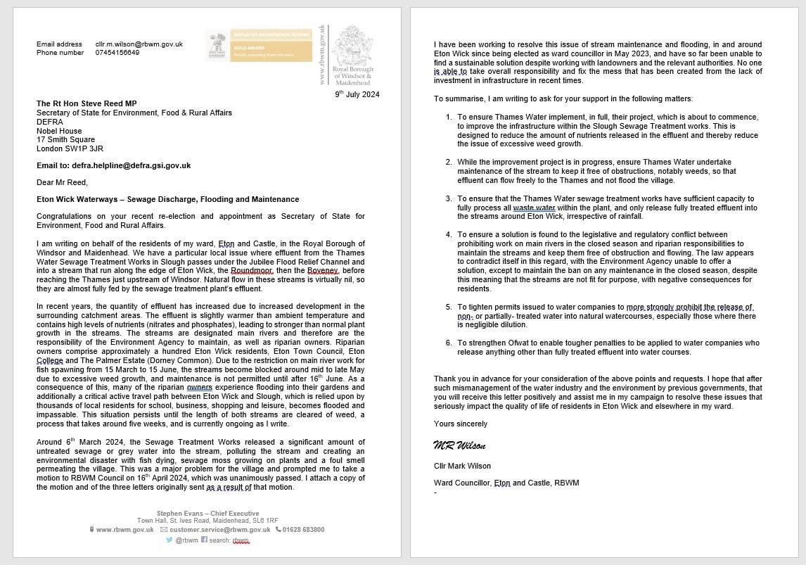MarkRWilsonUK's tweet image. I’ve taken the opportunity to write to the new Environment Secretary about the issues in my ward - hopefully with a new government, we can get some progress and stop the sewage - encouraging start! #stopthesewage