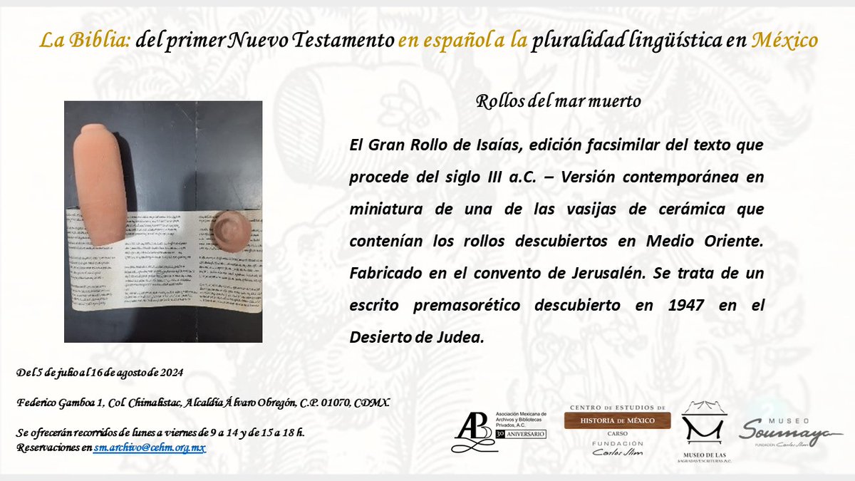 AMABPAC (@amabpac) on Twitter photo !Te esperamos!
Exposición
La Biblia: del primer Nuevo Testamento en español a la pluralidad lingüística en México
Se ofrecerán recorridos de lunes a viernes de 9 a 14 y de 15 a 18 h.
Reservaciones en sm.archivo@cehm.org.mx !Te esperamos!
Exposición
La Biblia: del primer Nuevo Testamento en español a la pluralidad lingüística en México
Se ofrecerán recorridos de lunes a viernes de 9 a 14 y de 15 a 18 h.
Reservaciones en sm.archivo@cehm.org.mx