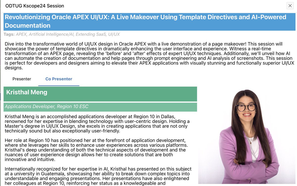 kristhalmeng's tweet photo. Because a bit of UI/UX, Template Components, and Template Directives never hurts. See you in Nashville - Tuesday, July 16, 4:00 pm - 5:00 pm @odtug #Kscope24! https://t.co/6FaVZQZstf