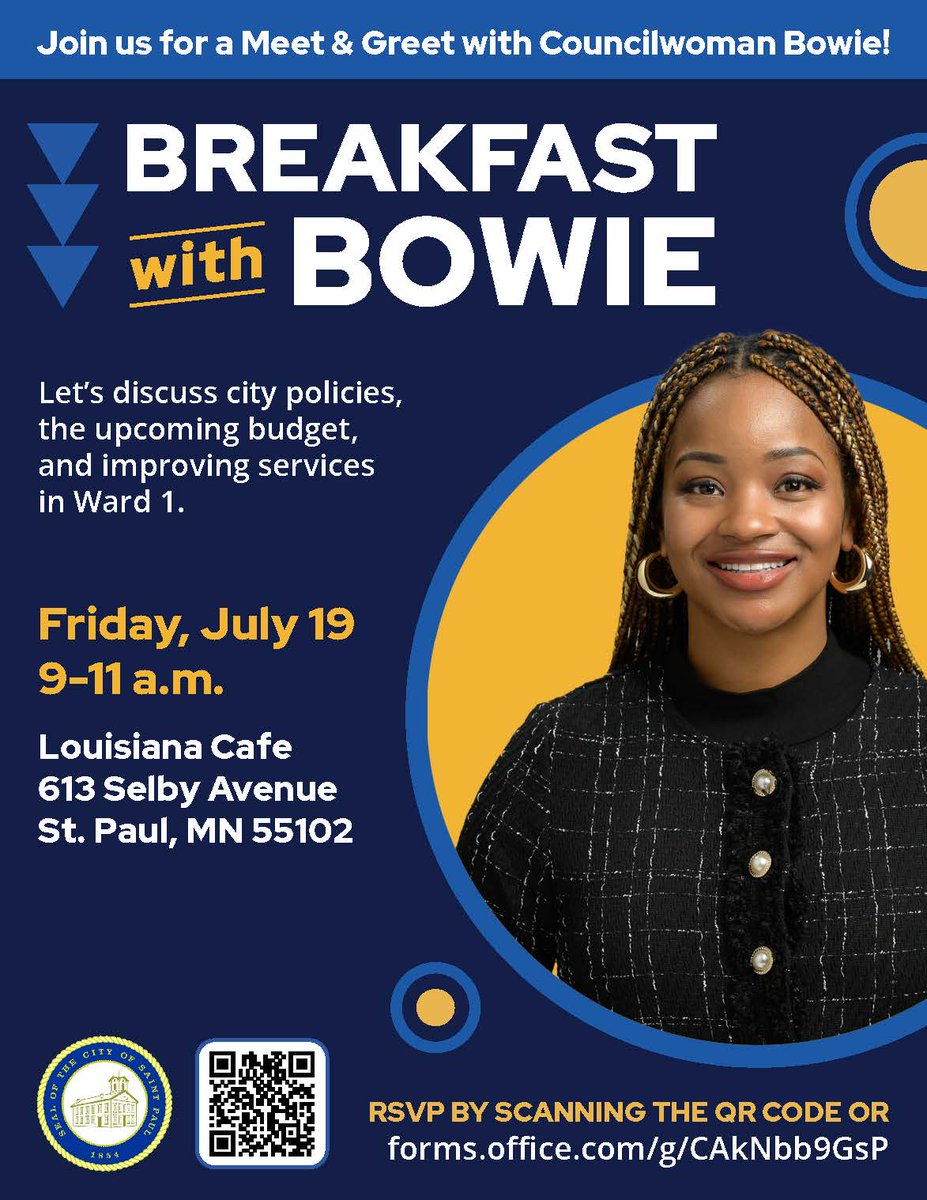 SaintPaulWard1's tweet photo. You're invited to a Meet &amp; Greet with St. Paul's Ward 1 Councilwoman @AnikaBowieSTP  on July 19th, 2024! Join us at the New Louisiana Café from 9-11am to discuss city policies, the upcoming budget, and ways to improve services in Ward 1. 

https://t.co/ojqVDsESvr https://t.co/X3xKCOA0dp