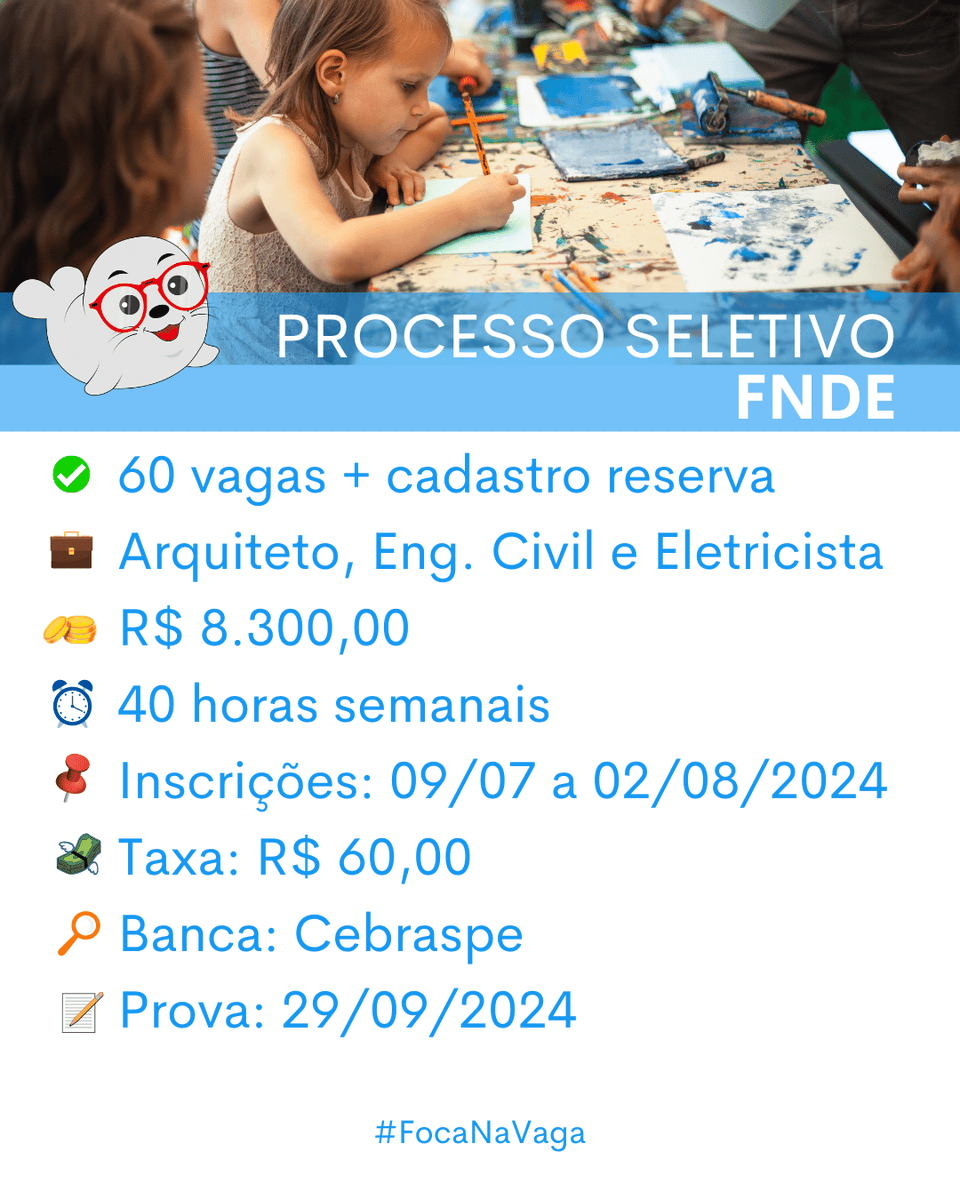 focanavaga's tweet photo. 📢 Processo Seletivo do FNDE
✅ 60 vagas + cadastro reserva
💼 Cargos: Arquiteto, Eng. Civil e Eng. Eletricista
⏰ 40 horas semanais
🤑 R$ 8.300,00
📌 Inscrições: 09/07 a 02/08/2024
💸 Taxa; R$ 60,00
🔎 Banca: Cebraspe
📝 Prova: 29/09/2024

⚠️ Mais informações no nosso blog! https://t.co/vBqJTAkfFd