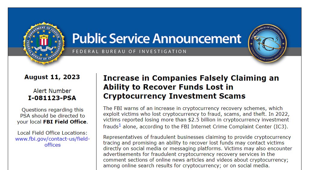 🚨 Last August, the FBI issued a public warning about companies falsely claiming to be able to recover funds lost in cryptocurrency investment scams.

We've noticed this continues to increasingly happen in 2024...

These fraudsters will typically charge an up-front fee and then
