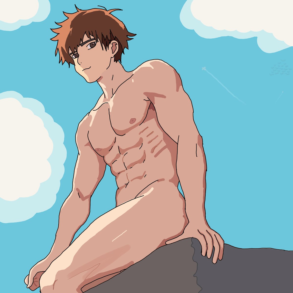 Just a boy sitting nude on a wall UwU