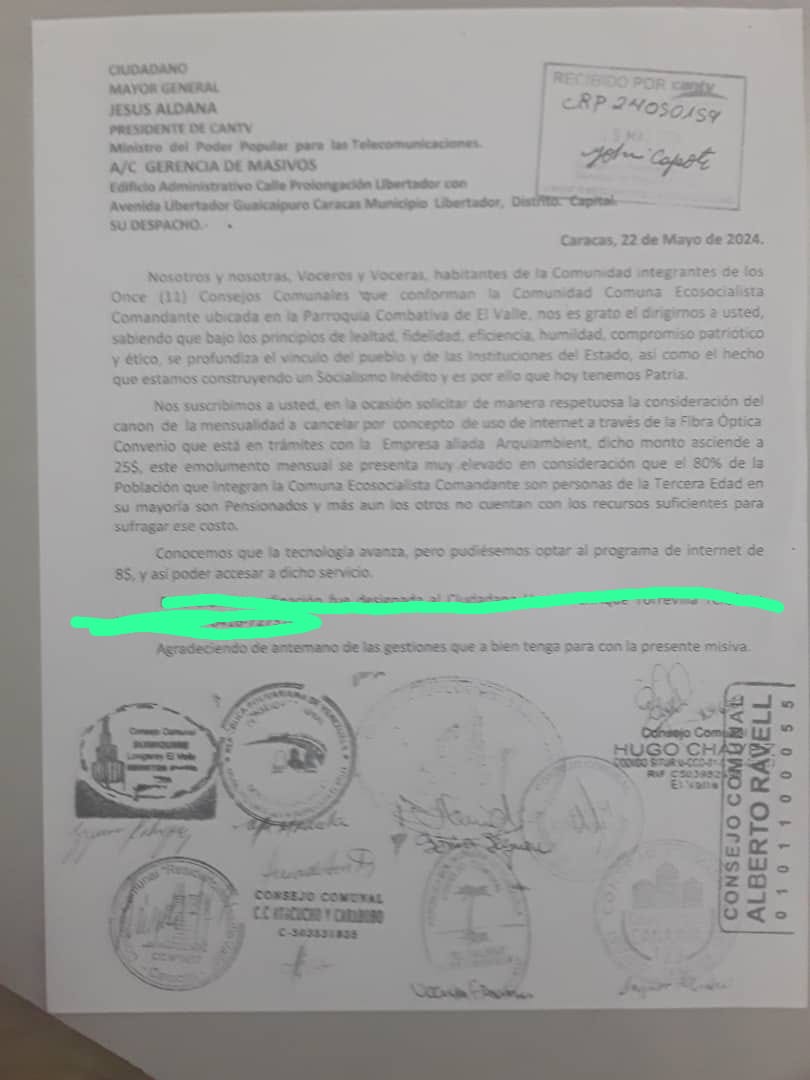 rayma27's tweet photo. @salaprensaCantv La comunidad Ecosocialista Comandante por este medio envía este comunicado a las autoridades de cantv para que nos ayude ya que nuestra población es vulnerable y no tiene como pagar la fibra óptica tan costosa 80%adulto mayor https://t.co/huFylIShtX