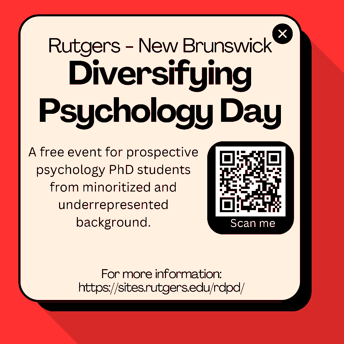 Melissa Dreier (@dreiermelissa) on Twitter photo We are hosting our third annual Diversifying Psychology Day at <a href="/rutgers_psych/">Rutgers University- Psychology Department</a>! sites.rutgers.edu/rdpd/
Prospective PhDs from minoritized and/or underrepresented backgrounds are invited to fill this out (due Sept 13) to attend 👇 rutgers.ca1.qualtrics.com/jfe/form/SV_el… We are hosting our third annual Diversifying Psychology Day at <a href="/rutgers_psych/">Rutgers University- Psychology Department</a>! sites.rutgers.edu/rdpd/
Prospective PhDs from minoritized and/or underrepresented backgrounds are invited to fill this out (due Sept 13) to attend 👇 rutgers.ca1.qualtrics.com/jfe/form/SV_el…