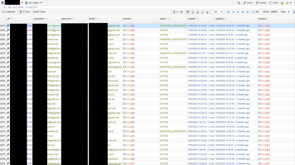 chum1ng0's tweet image. 🚨#Chile🇨🇱: 34.000 usuarios expuestos por una mala configuración en MongoDB de La TV donde quieras! miplay[.]cl, @miplaycl.

La información que se expone es correo, username, passwords, dispositivos, mac.

PD: Fue enviado un correo a miplay

#misconfigurations #miplay #MongoDB