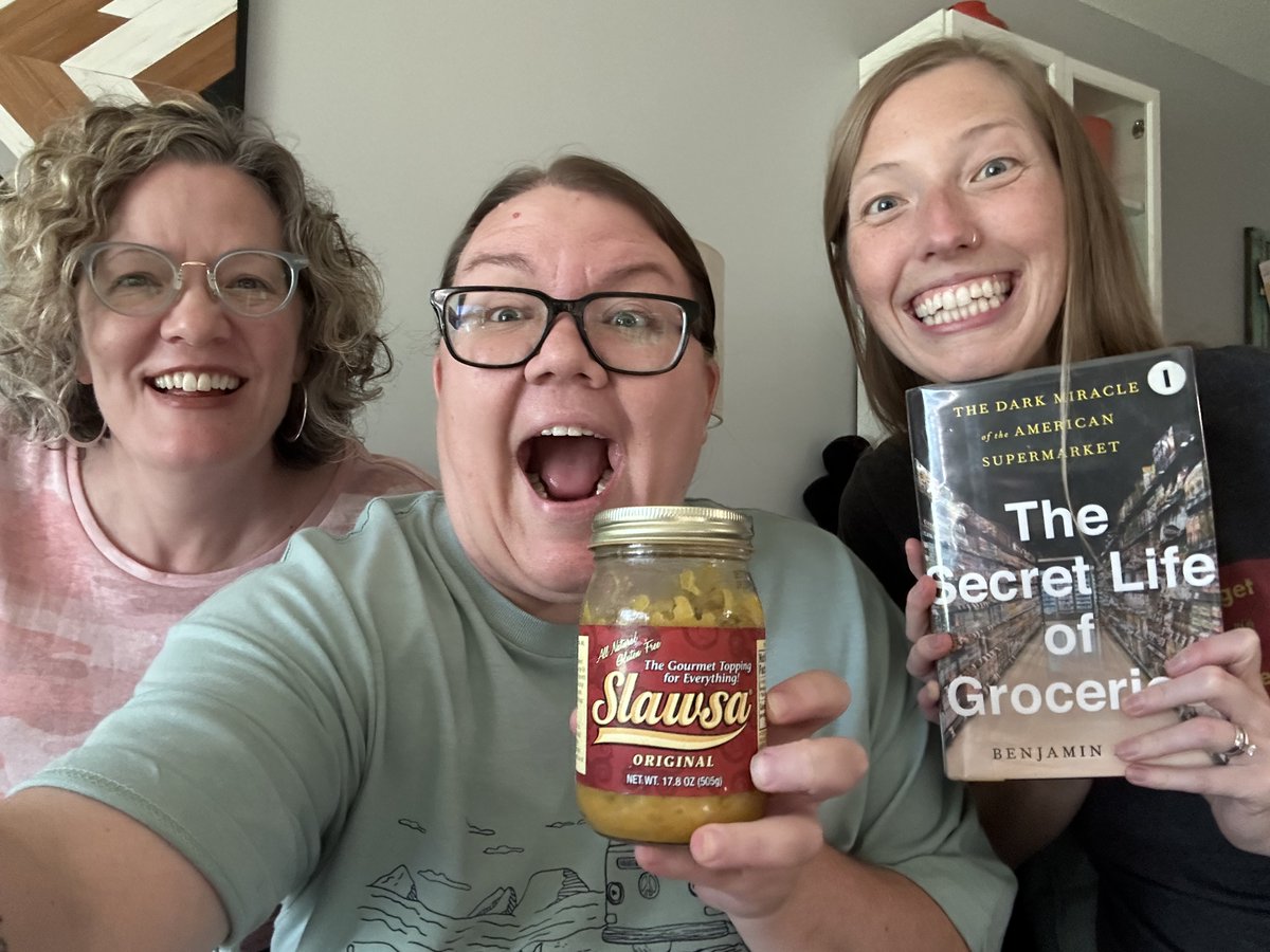 awellner's tweet photo. My book club met to discuss @BenjaminLorr 's Secret Life of Groceries and of COURSE I had to find a jar of @slawsa for us to try! It was Slaw-some! #Slawsa @julesbusha https://t.co/f4TTD8AYU9