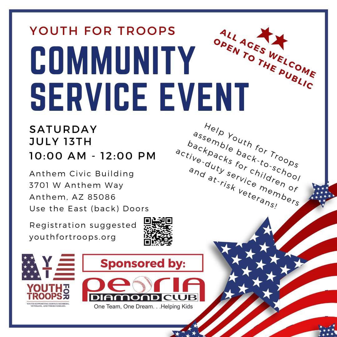 YouthforTroops's tweet photo. ❤️🇺🇸❤️ Volunteer Saturday 7/13 with Youth for Troops! Help assemble 130 back-to-school backpacks for children of veterans &amp; deployed service members 10-11:45 AM Anthem Civic Building. Thank you to Peoria Diamond Club for sponsoring this event!

Sign up https://t.co/DBQbM1l8w7 https://t.co/4Eo4AocyNF
