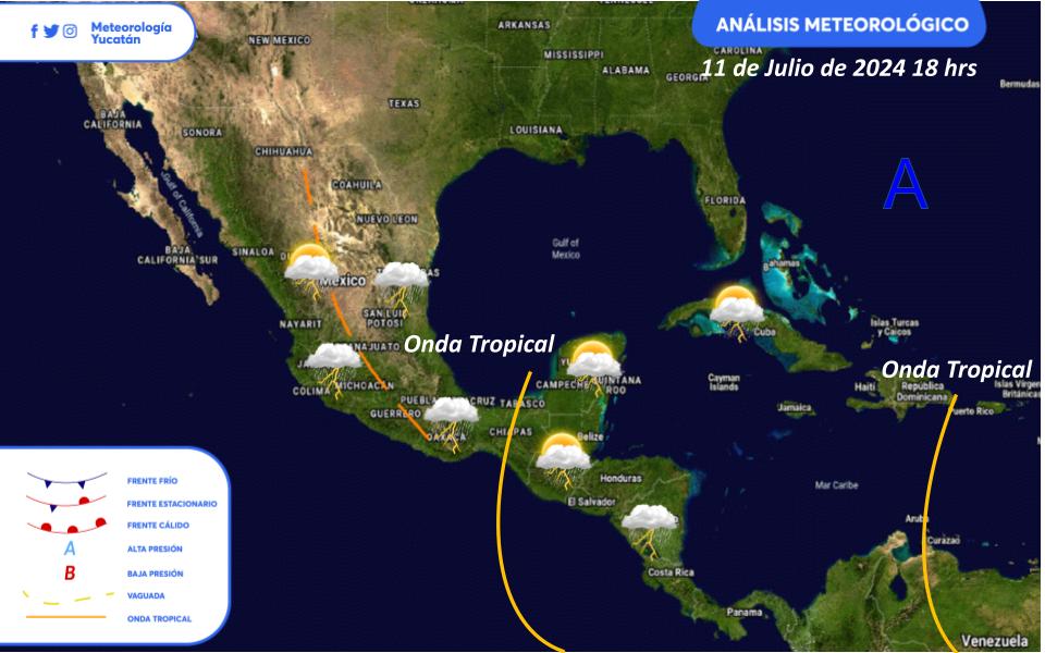 ☕ ¡Buenos días! Durante el transcurso de este jueves se percibirá un 🥵 ambiente caluroso en la mayor parte de la región. Sin embargo, habrá probabilidad de 🌦️ lluvias y ⛈️ tormentas debido a una onda tropical, la "Vaguada Maya" y un vórtice en niveles superiores.