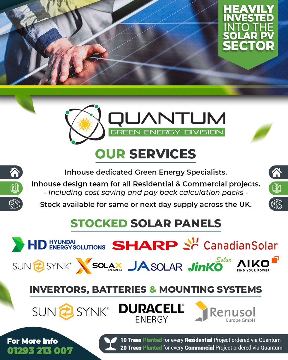 We're thrilled to announce the launch of the Quantum Green Energy Division, a specialised division of Quantum Electrical Distribution.

We've invested significantly into the Solar PV sector, now providing Solar Panels, Batteries, Invertors, Cabling, Mounting Systems, and more!
