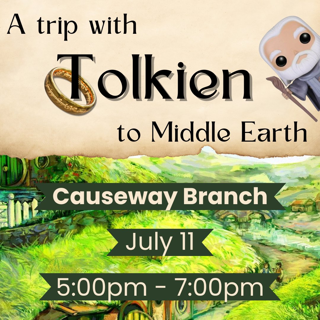 sttammanylib's tweet photo. 🧝‍♂️YOU SHALL NOT PASS....up this opportunity! Come join us for A Trip with Tolkien to Middle Earth, happening at the Causeway Branch on Thursday (July 11) from 5:00pm to 7:00pm. Do crafts, trivia, and a scavenger hunt at this awesome event! 💍

#STPLSRC2024 #STPLSummerAdventure https://t.co/mQzdoUOQGa