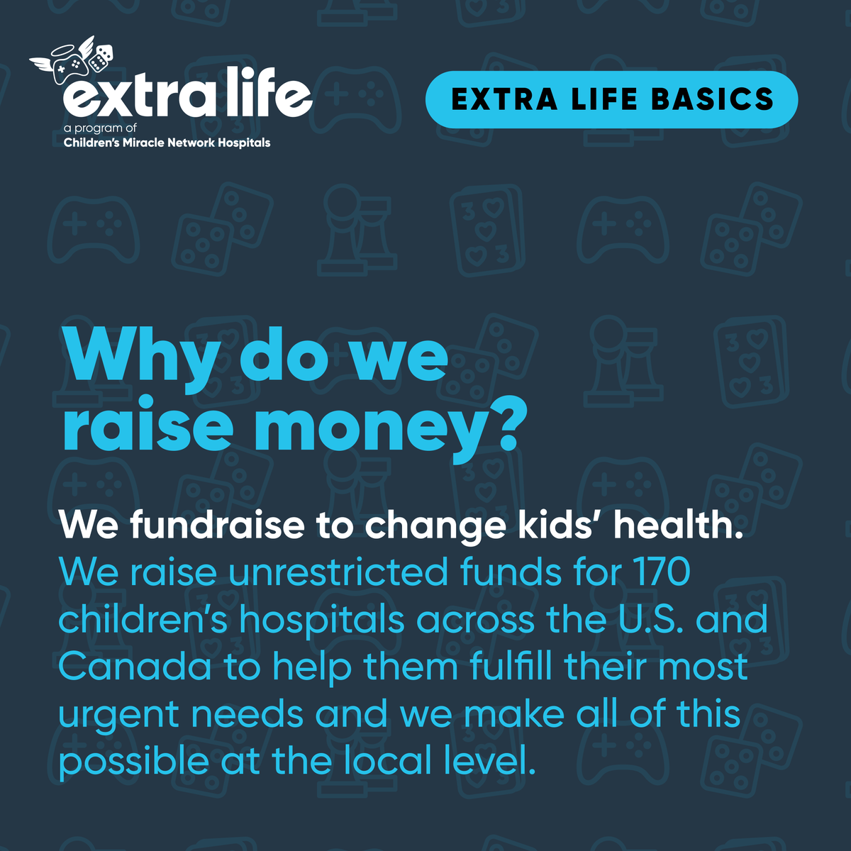 ExtraLife4Kids's tweet photo. Share this graphic with potential donors to share why you raise critical funds through #ExtraLife! 💙 Thank you for playing games to change kids' health. https://t.co/PrR1C2dzIl