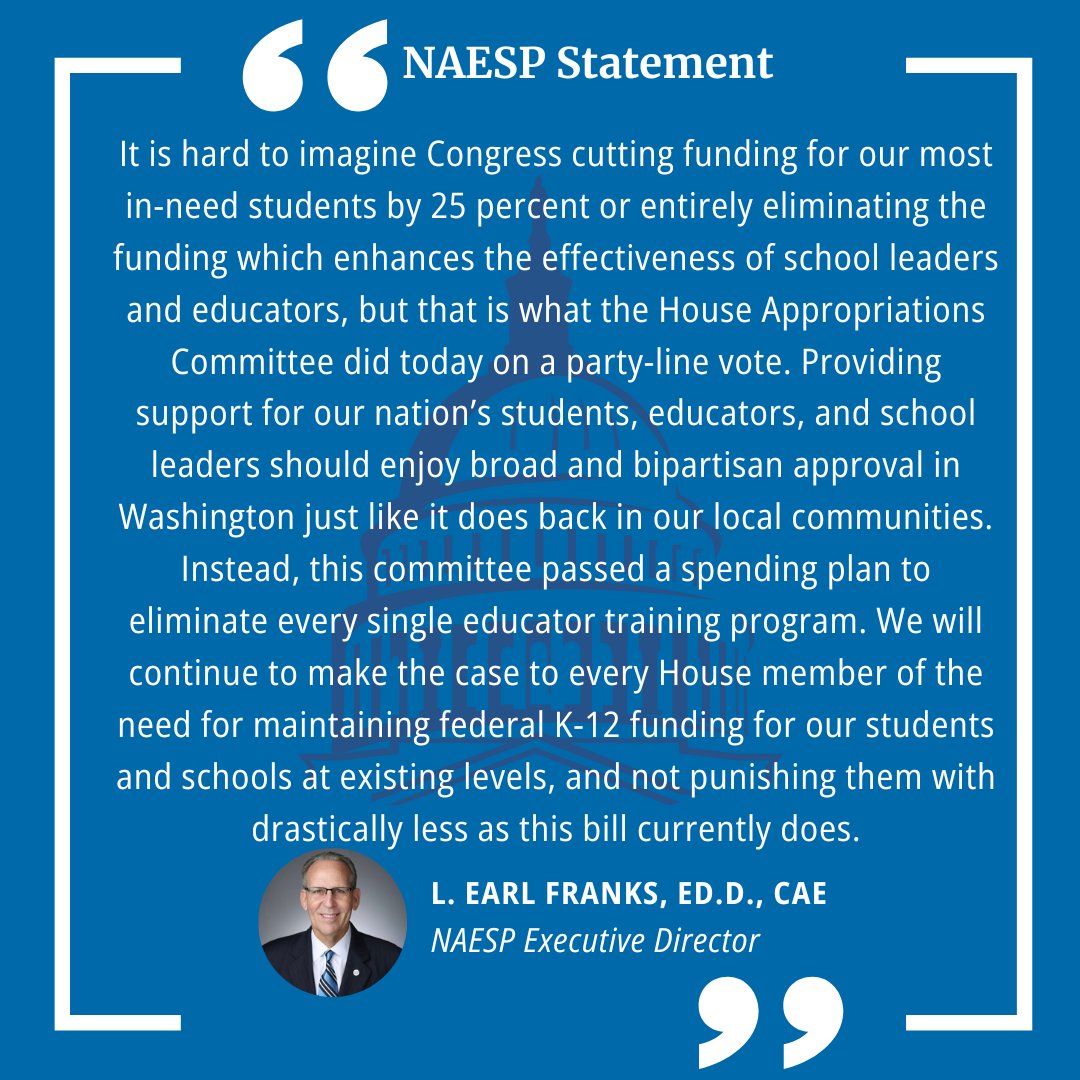 NAESP's tweet photo. We are deeply concerned about the proposed 25% cut to Title I in the FY25 education funding bill. This could lead to the loss of 72,000 teachers in low-income classrooms. Read @efranksnaesp's statement here: https://t.co/Dn9X8UrTPq https://t.co/1q2GBZyrRx