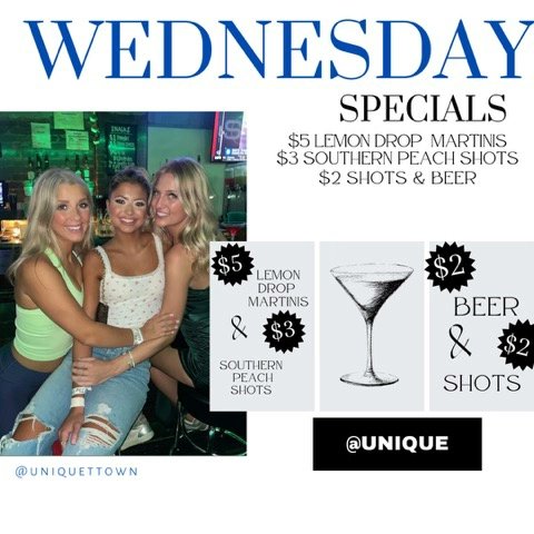 WE'RE OPEN 

DRINK SPECIALS 

SPORTS ON TV 

NO COVER 

#BeUnique