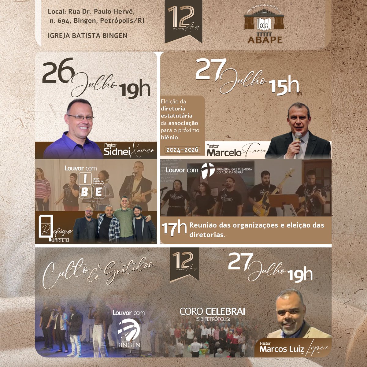 PibPetropolis's tweet photo. ABAPE (Associação Batista Petropolitana)
Culto de Gratidão pelos 12 anos
26/07 e 27/07.
- Eleição das diretorias (2024-2026) https://t.co/esi3P5ij9g