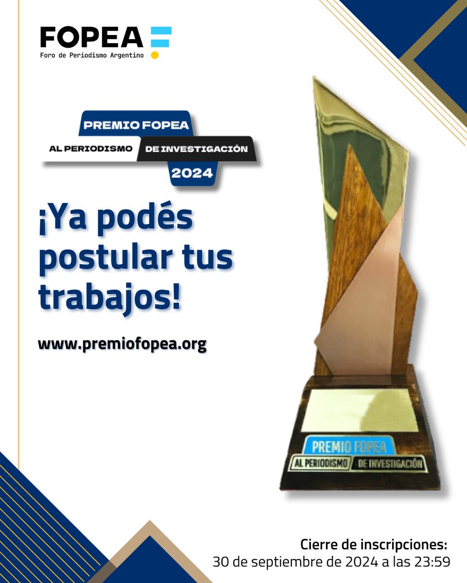 FOPEA's tweet photo. 🌟 ¡Postulate al Premio FOPEA al Periodismo de Investigación 2024! 🏆

📝 Notas, producciones multimedia y libros de investigaciones periodísticas pueden aplicar.

https://t.co/o0tM4MtJsE

#PremioFOPEA #PeriodismoDeInvestigación #Periodismo #LibertadDeExpresión https://t.co/XvXdc7qQA3