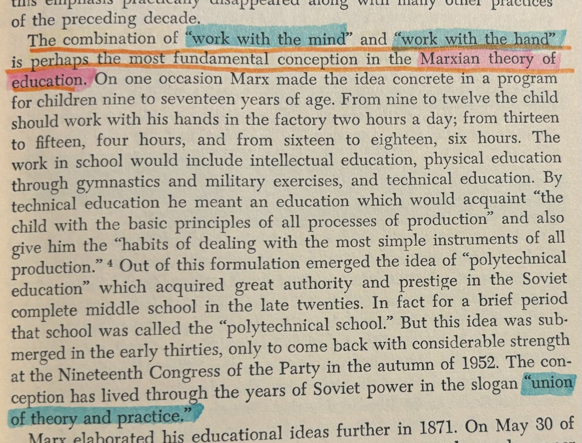 Thinkb4Learning's tweet photo. “The combination of 'work with the mind’ and ‘work with the hand’
is perhaps the most fundamental conception in the Marxian theory of education.” 

“The conception has lived through the years of Soviet power in the slogan ‘union of theory and practice.’”- #GeorgeCounts

#Praxis https://t.co/E7Sg6sYgpl