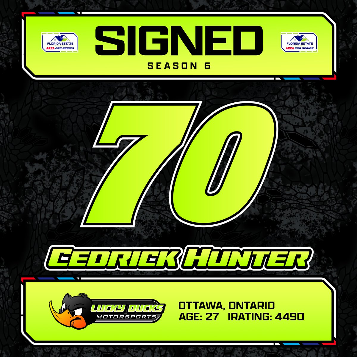 Thought we were done with this...but not so fast! We've signed <a href="/Bazinga_Hunter/">Cedrick Hunter</a> to run in the <a href="/AREAiRacing/">AREA iRacing</a> Pro Series as an open driver. Hunter has raced in the AREA Cup Series before but will be a rookie here in the Xfinity cars.