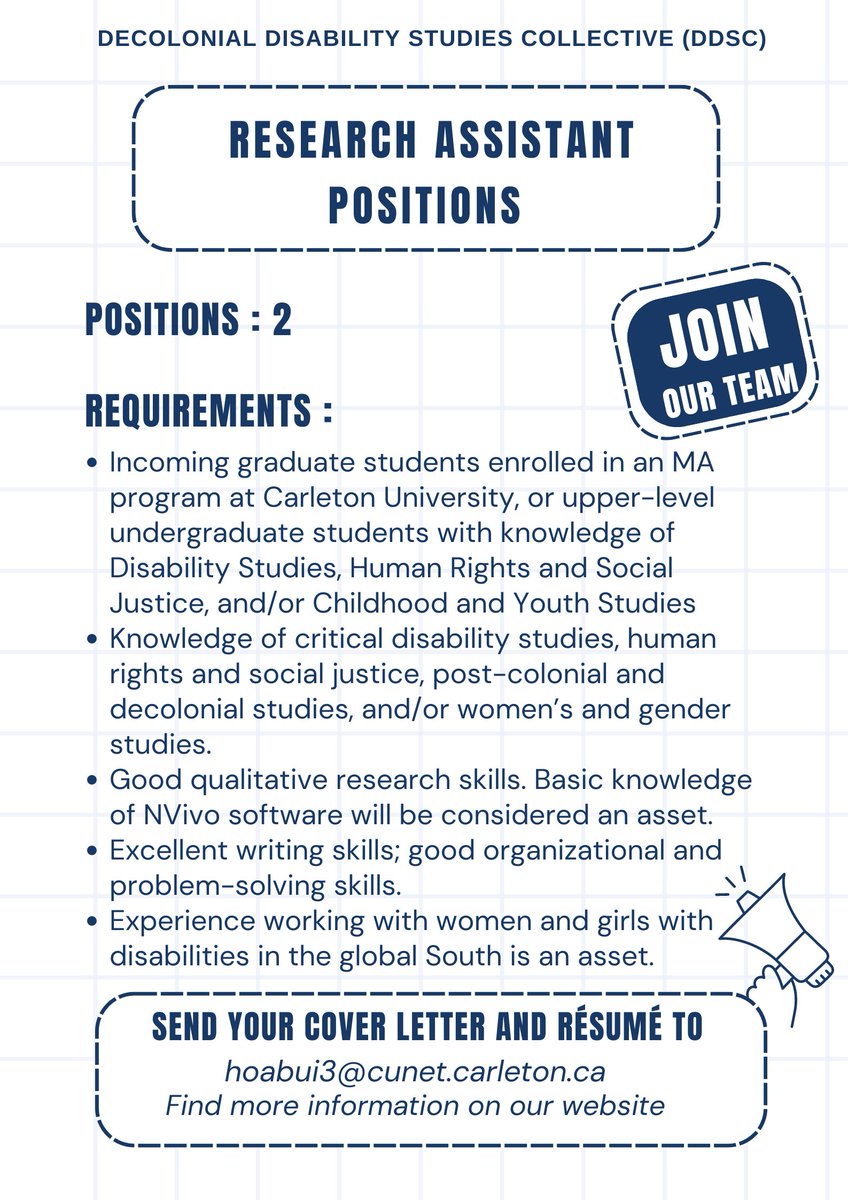 The ENGAGE project at Carleton University is seeking 2 Research Assistants to join our mission in empowering girls and young women with disabilities across the Global South. Apply now!
For more information, please visit our website: carleton.ca/ddsc/?p=1097

 #carletonuniversity