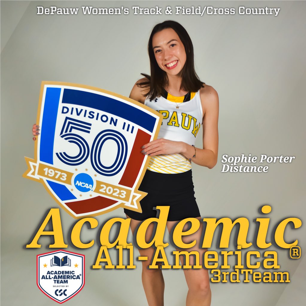 DePauwAthletics's tweet photo. Yesterday the @CollSportsComm Academic All-America teams came out & @DePauwXCTF junior, Sophie Porter, was named to the 3rd Team Academic All-America®️!
You can read more about her accomplishments at https://t.co/TLR84MWKoI .
#TeamDePauw #d3tf #GoldWithin https://t.co/SyterZM5cn