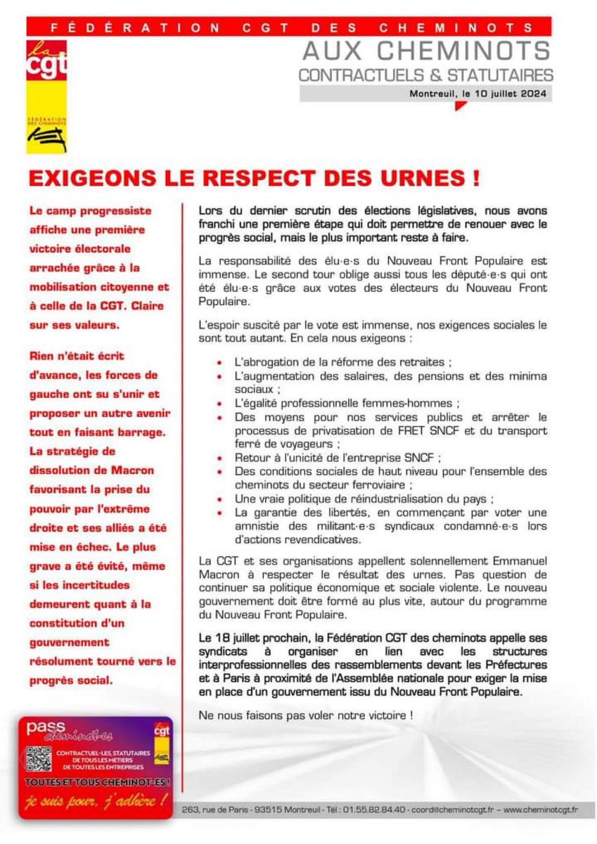 🇫🇷 FLASH - La CGT cheminots appelle à des rassemblements devant les préfectures et l’Assemblée nationale le 18 juillet pour exiger un gouvernement du NFP. (communiqué)