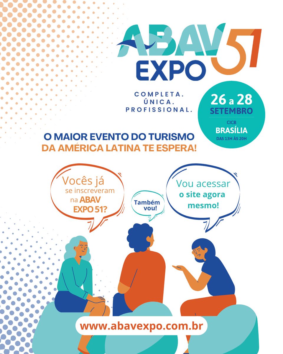 Sua Vaga na ABAV EXPO 51 te espera! 

Não perca a maior feira do Turismo da América Latina! 🚀

Visite nosso site abavexpo.com.br e inscreva-se hoje mesmo e aproveite os benefícios exclusivos para os credenciados no evento! 🌐 

#ABAVEXPO51 #Turismo  #ABAVNacional