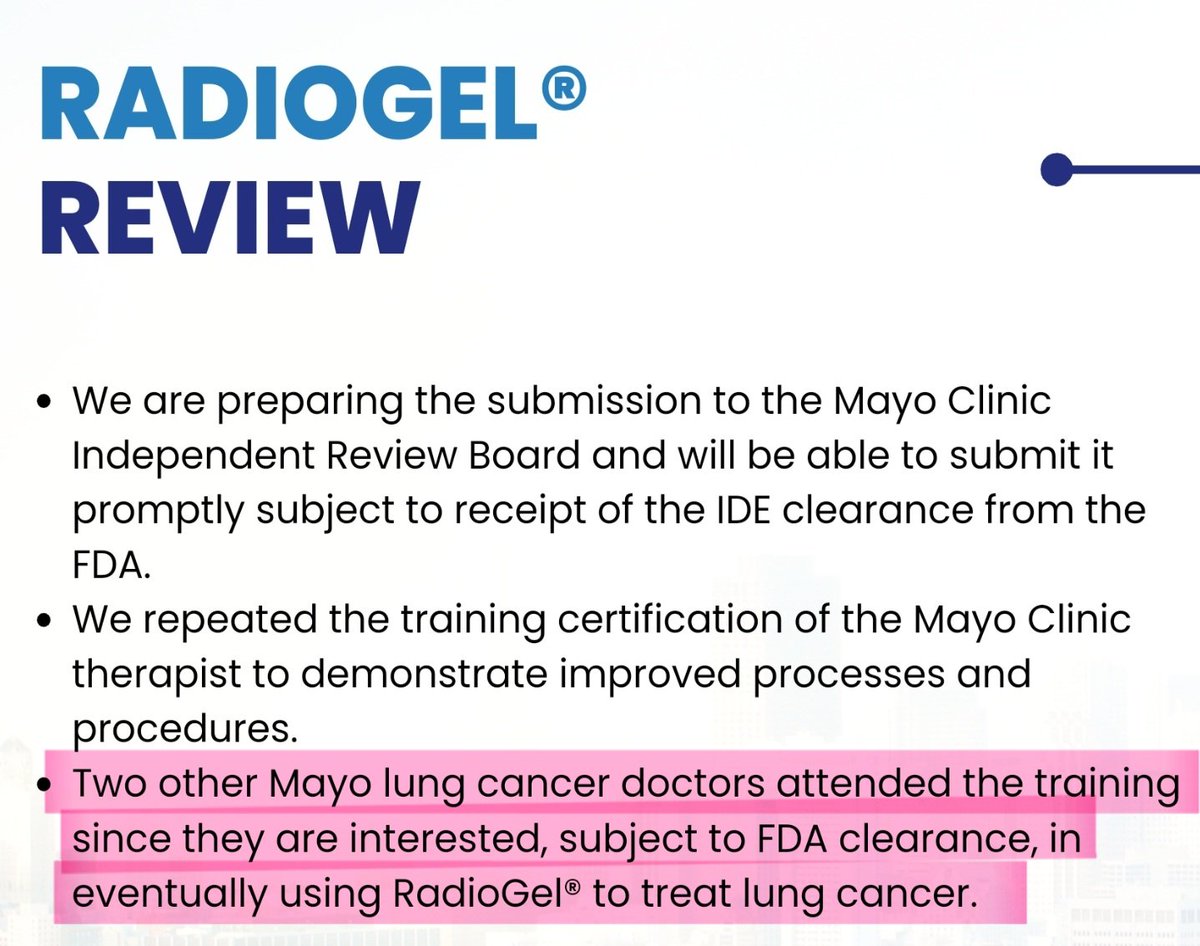 IBHenryJ's tweet photo. @MayoClinic $RDGL #OTCQB #humansnext #FDA We may have an option soon to treat #lungcancer 👀👇
"Two other Mayo lung cancer doctors attended the training since they are interested, subject to FDA clearance, in eventually using RadioGel to treat lung cancer." https://t.co/6pB83JfPiy