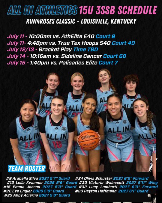 Lucy Lamberti (@lamberti_lucy) on Twitter photo Excited to get back on the court with <a href="/AIAelitegirls/">ALL IN Elite Girls 3SSB</a> - headed to <a href="/TFNsRun4Roses/">TFN's Run 4 Roses</a>
Here’s my schedule!!
#ALLINfamily Excited to get back on the court with <a href="/AIAelitegirls/">ALL IN Elite Girls 3SSB</a> - headed to <a href="/TFNsRun4Roses/">TFN's Run 4 Roses</a>
Here’s my schedule!!
#ALLINfamily