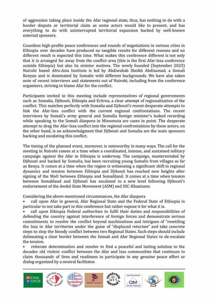 QafarMedia's tweet photo. 🔴#FLASH 🇩🇯🇸🇴🇪🇹🇪🇷🇰🇪

📝 FIDA (Afar Diaspora) latest press release on the rigged roundtable falsely organized in Afar name by @AbdiwahabSheik7 in Nairobi.

 ➡️'𝑛𝑜 𝑝𝑟𝑖𝑜𝑟 𝑐𝑜𝑛𝑠𝑢𝑙𝑡𝑎𝑡𝑖𝑜𝑛 𝑤𝑖𝑡ℎ 𝑡ℎ𝑒 𝐴𝑓𝑎𝑟 𝑠𝑖𝑑𝑒'

📍Belgium, 09/07/2024 https://t.co/aQnY3dNaJF