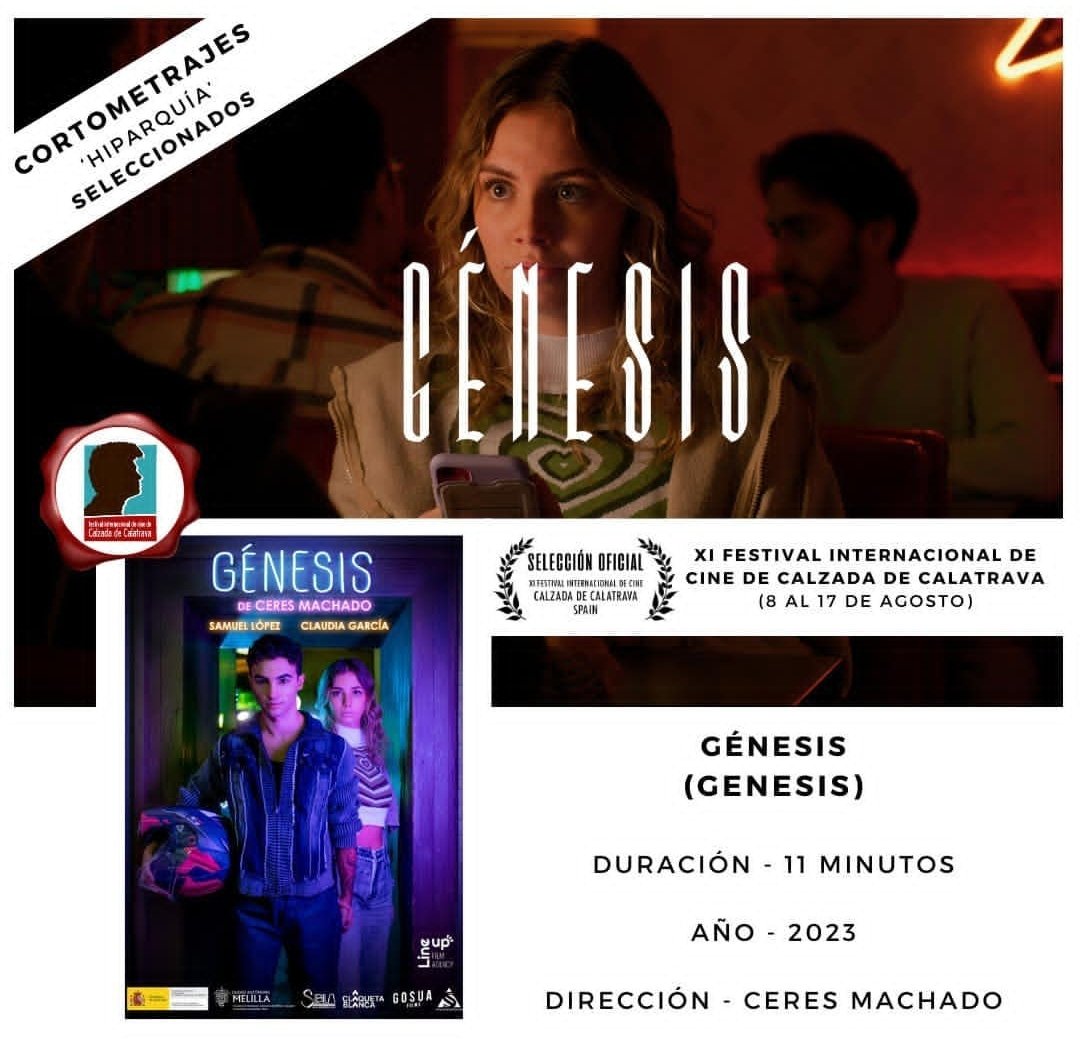 "Génesis" de <a href="/Ceres_machado/">Ceres Machado</a> escrito por un servidor estará en el XI Festival Internacional de Cine de Calzada de Calatrava. Recordaros que también competimos en sección oficial con nuestra película "Reflejos en una habitación". ¡Vamoooooos!