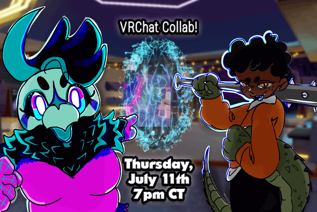 🥽TOMORROW, JULY 11th AT 7PM CT
🐊🐦‍⬛
<a href="/shiverjayart/">ShiverJay (more active on the blue place)</a> and I are doing some world hopping in VRChat! See you on their channel, it's gonna be a fun hangout!

art by: @2chaint