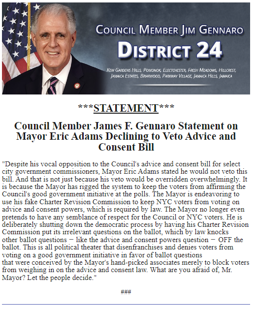 James F. Gennaro (@jimgennaro) on Twitter photo The Mayor is endeavoring to use his fake Charter Revision Commission to keep NYC voters from voting on advice and consent powers, which is required by law. Read my statement re: <a href="/NYCMayor/">Mayor Eric Adams</a> declining to veto the advice and consent bill below - The Mayor is endeavoring to use his fake Charter Revision Commission to keep NYC voters from voting on advice and consent powers, which is required by law. Read my statement re: <a href="/NYCMayor/">Mayor Eric Adams</a> declining to veto the advice and consent bill below -