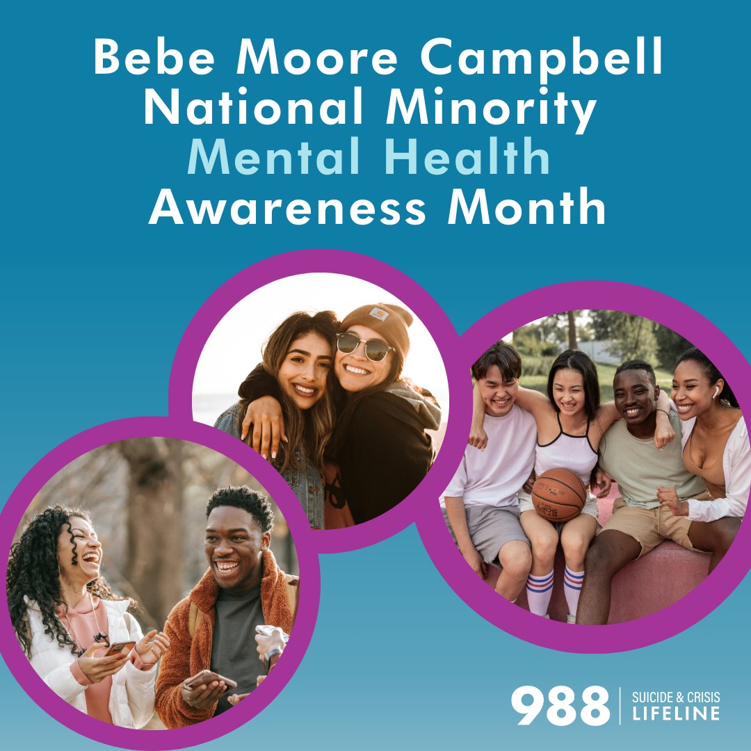 988Lifeline's tweet photo. The #988Lifeline is committed to improving mental health equity for racial and ethnic minority populations. Everyone deserves access to quality mental health care, and together we can break down the barriers. Support is available 24/7. 💙 Call or text 988. #BIPOCMentalHealthMonth https://t.co/cuQvglTwVR
