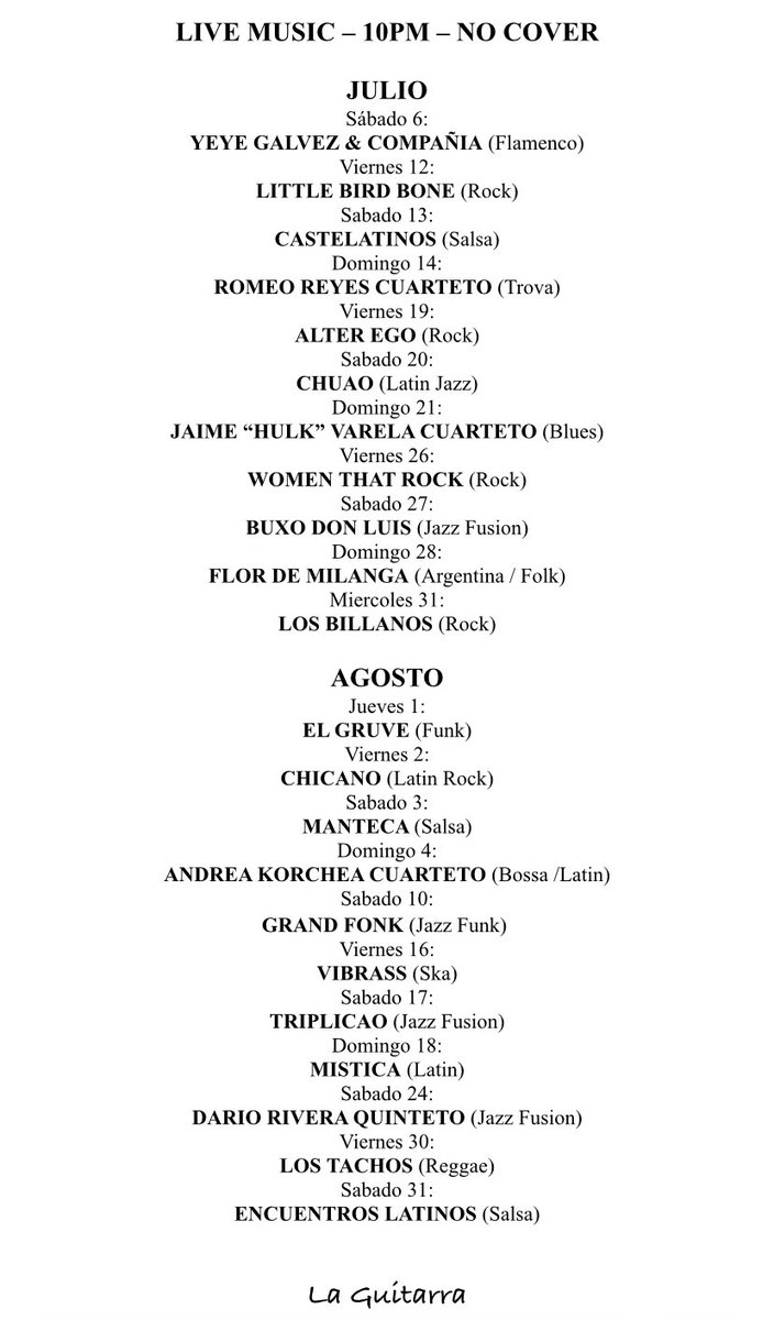 AGENDA MUSICAL Julio / Agosto 🎸 !!