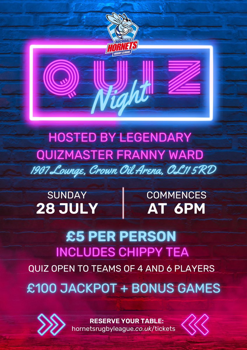 Sign up to register your team now!
4-6 players 
£5 per person includes a chippy tea
Pay on the night 
With the fabulous Quiz Master Franny Ward
£100 Jackpot
Starts straight after the <a href="/RochdaleHornets/">Rochdale Hornets</a>  v <a href="/Roughyeds/">Oldham RLFC</a> game 
👍🏻

hornetsrugbyleague.co.uk/tickets?ftredi…
