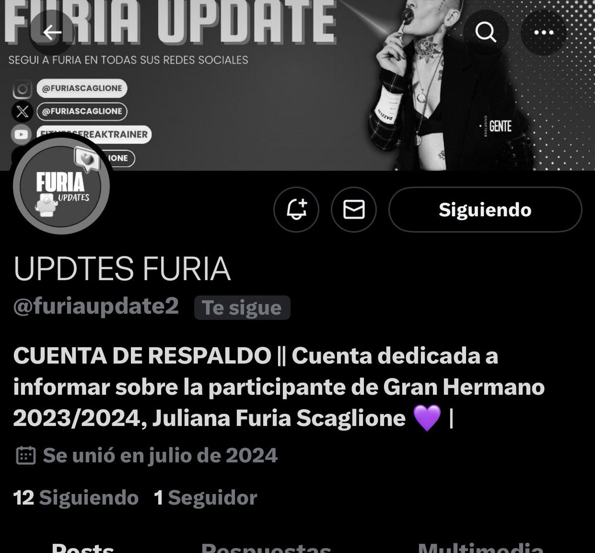 📢|| YA TENEMOS CUENTA RESPALDO.  💪🏻

Debido a todo lo anterior, creamos una cuenta de respaldo por si las moscas, acá se las dejo. No dejen de seguir esta, vamos a tratar de solucionar el problema. 💜

<a href="/furiaupdate2/">UPDTES FURIA</a> 👈🏻

GRACIAS, LOS QUEREMOS🤝🏻

#GranFuria