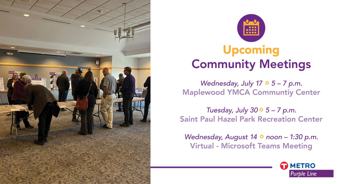 Join us in person or virtually to learn more and provide feedback on whether Purple Line should run along the Bruce Vento Regional Trail Corridor or the White Bear Ave Corridor. Details: metrotransit.org/purple-line #BRTaFasterRide