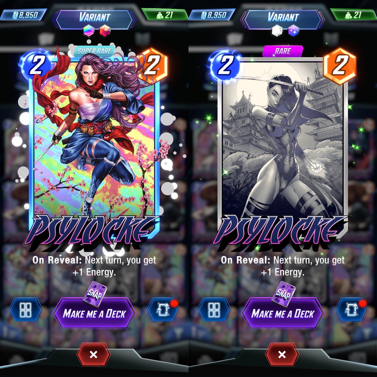 muela131's tweet photo. @SnapVariants 
13 splits so far in Psylocke. 3 diff crackles, none on inked or gold, and 0 gold splits, 2 inked though https://t.co/lBCA7cu7Sx