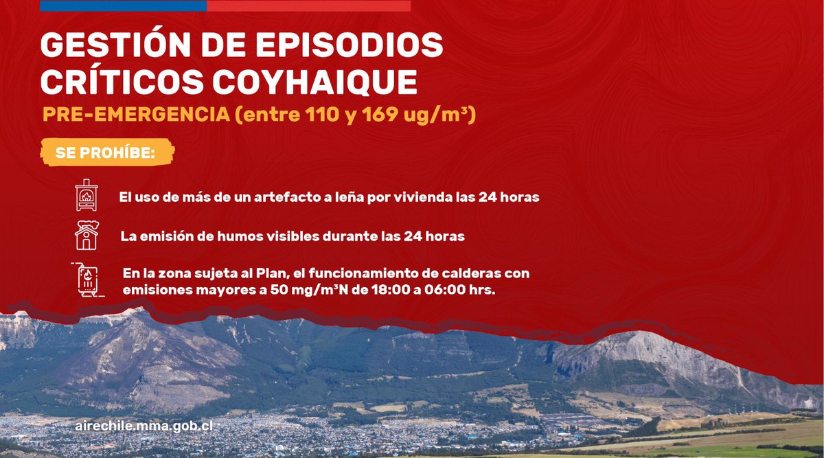 MMAaysen's tweet photo. La Delegación Presidencial Regional de Aysén declara que para este 11 de julio, el pronóstico de calidad del aire en Coyhaique será PRE EMERGENCIA  
Para mayor información visita la página web  https://t.co/X1UJBZG5L3 https://t.co/dfLLRfdpoE
