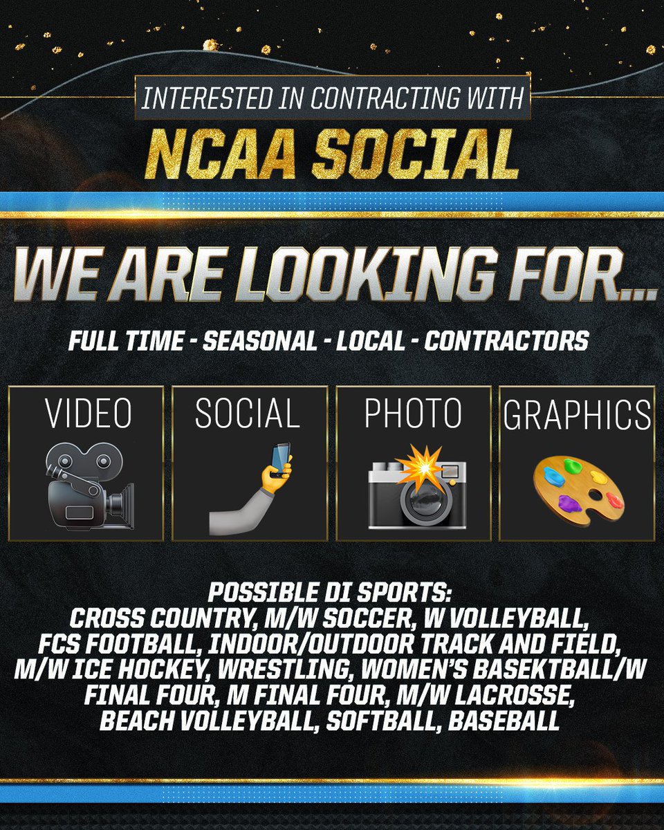 Video. Social. Photo. Graphics.

Do you want to work NCAA Championships? We're looking to diversify our list of creative contractors – across multiple sports.

Help us share some of the most thrilling stories in college sports: forms.gle/Bv5XzPa9VH3p2Q…