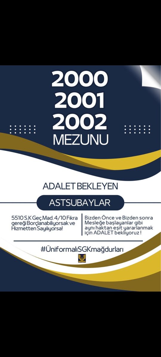 EYILMAZ3503's tweet photo. @MhpTbmmGrubu @erkanakcay45 SİVİL OKUL BORÇLANMASI mağdurları 2000, 2001 ve 2002 devresi ASTSUBAYLAR olarak, artık YETER diyoruz! Bizden sonra mesleğe girmiş astsubaylar gibi biz de SİVİL OKUL BORÇLANMASI yaptık ve ADALET bekliyoruz. KDK kararını görmezden gelmeyi bırakın artık 📢 #SivilOkulBorçlanması https://t.co/IB007JsdnT