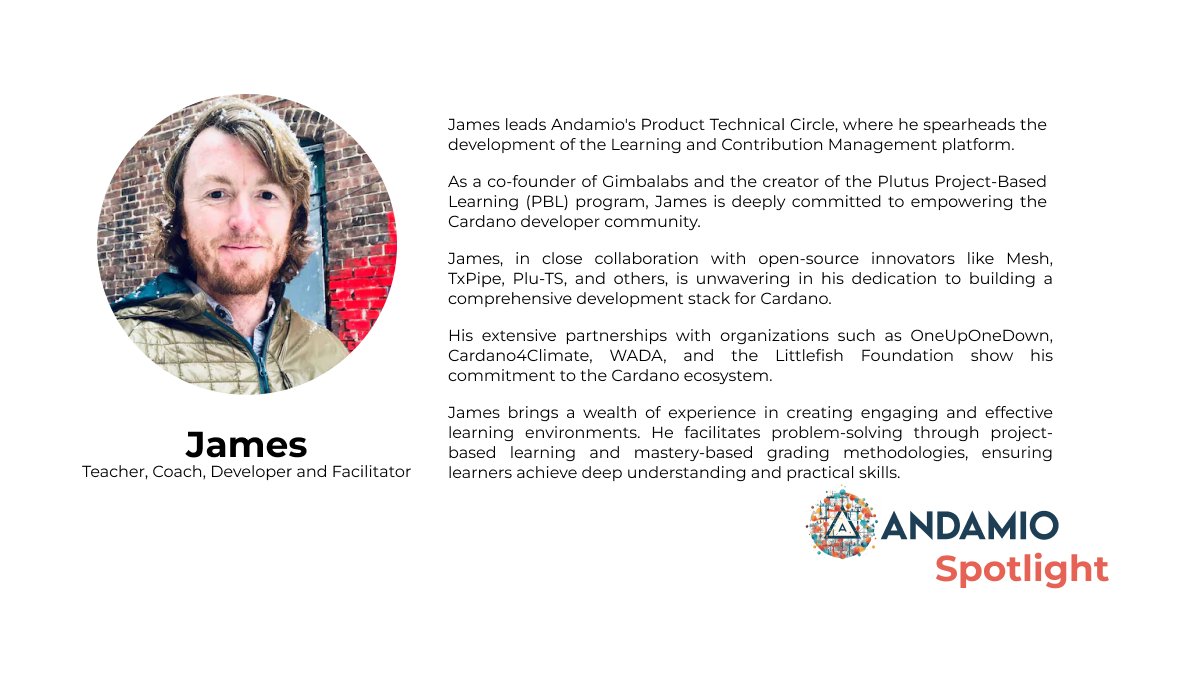 andamio_teams's tweet photo. The Andamio BizDev team onboarded @FCBarcelona, but this accomplishment is dwarfed by the work of our Dev Team.

Meet James (@jamesdunseith).

If you're a #Cardano OG, you've heard of James.

He's the co-founder of @gimbalabs, Andamio's 'Alma Mater', and he runs the Plutus PBL, the go-to place for aspiring #Cardano devs.

James is like a one-man band. An incredible teacher, a great public speaker, a talented developer, and just overall cool dude 🤙

He's the heart and soul of Andamio, and we wouldn't have it any other way.

It's a joy to have you as part of our team James ❤️