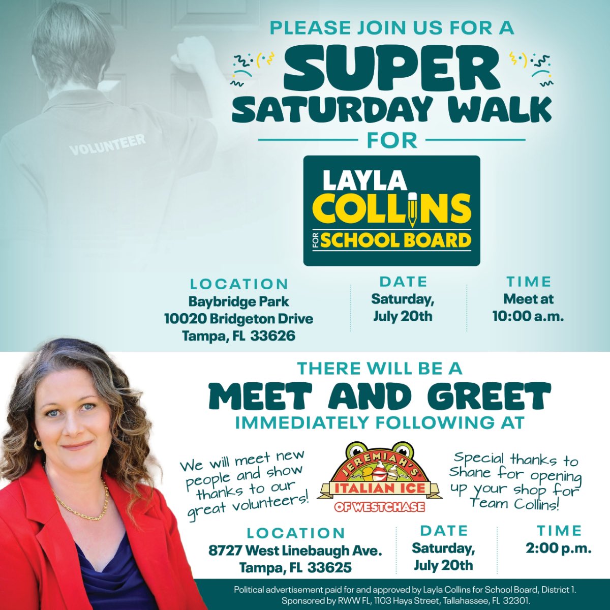 📣 Update Announcement!!

New meet up location for the Super Walk!

Join us for a fun SUPER WALK followed by a COOL volunteer appreciation and meet and greet!  

Thank you to our incredible host Jeremiah’s Italian Ice at Westchase!!!!
 
Details ⬇️ 

Text <a href="/thebrittanyjea/">Brittany</a> to