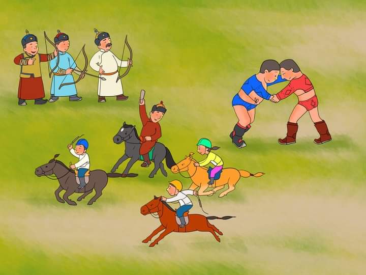 Морь нь хурдан
Сум нь мэргэн
Бөх нь хүчтэй 
Монгол түмэн минь сайхан наадаарай 🇲🇳